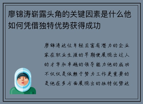 廖锦涛崭露头角的关键因素是什么他如何凭借独特优势获得成功